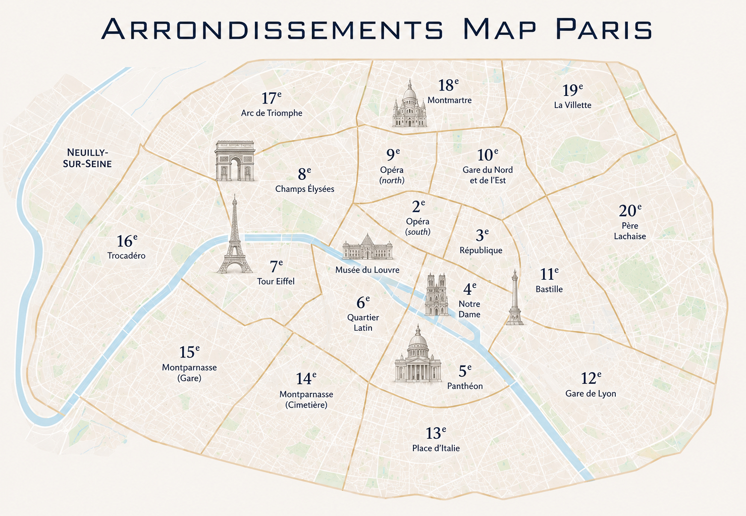 Map of Paris arrondissements for private luxury property advisory and high-end real estate search in Paris