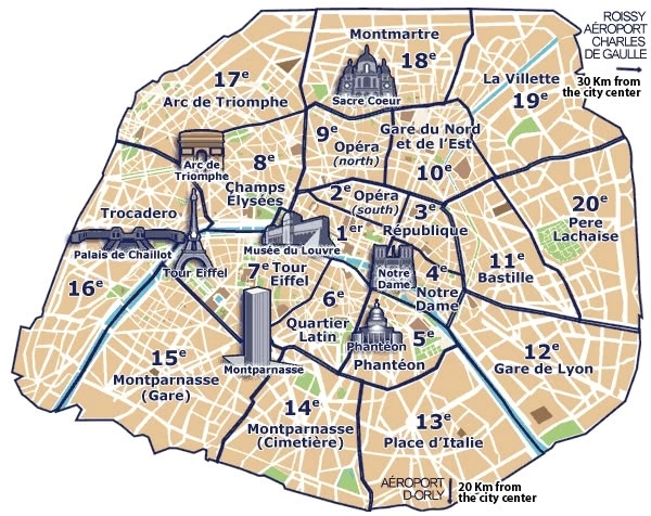 Map of Paris arrondissements for private luxury property advisory and high-end real estate search in Paris