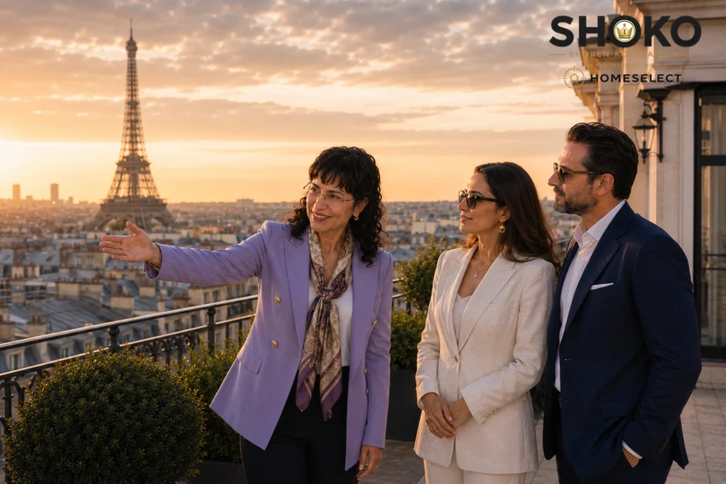 UHNW couple viewing a Paris penthouse with panoramic rooftop views