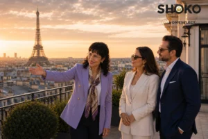 UHNW couple viewing a Paris penthouse with panoramic rooftop views