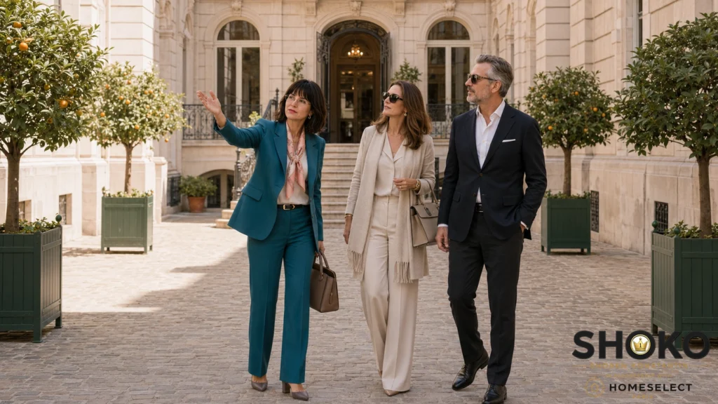 SHOKO walking a UHNW couple through the private courtyard of a prestigious Paris building during a discreet viewing