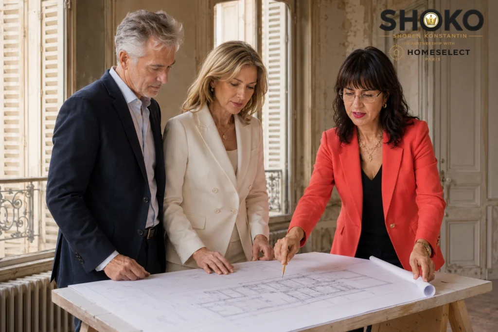 SHOKO examining renovation plans spread across a table inside an unrenovated Haussmann apartment shell