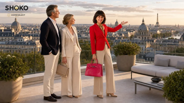 Buyer agent presenting a Paris trophy penthouse view to ultra-high-net-worth clients