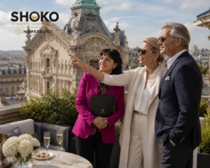 UHNW couple viewing a one-of-a-kind luxury Paris property terrace with their advisor