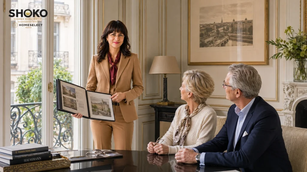 SHOKO presenting the grand salon of a trophy Haussmann apartment to an ultra-high-net-worth couple in Paris