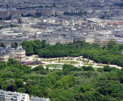 Sunset view over Paris 6th arrondissement with Luxembourg Gardens and elegant Left Bank skyline